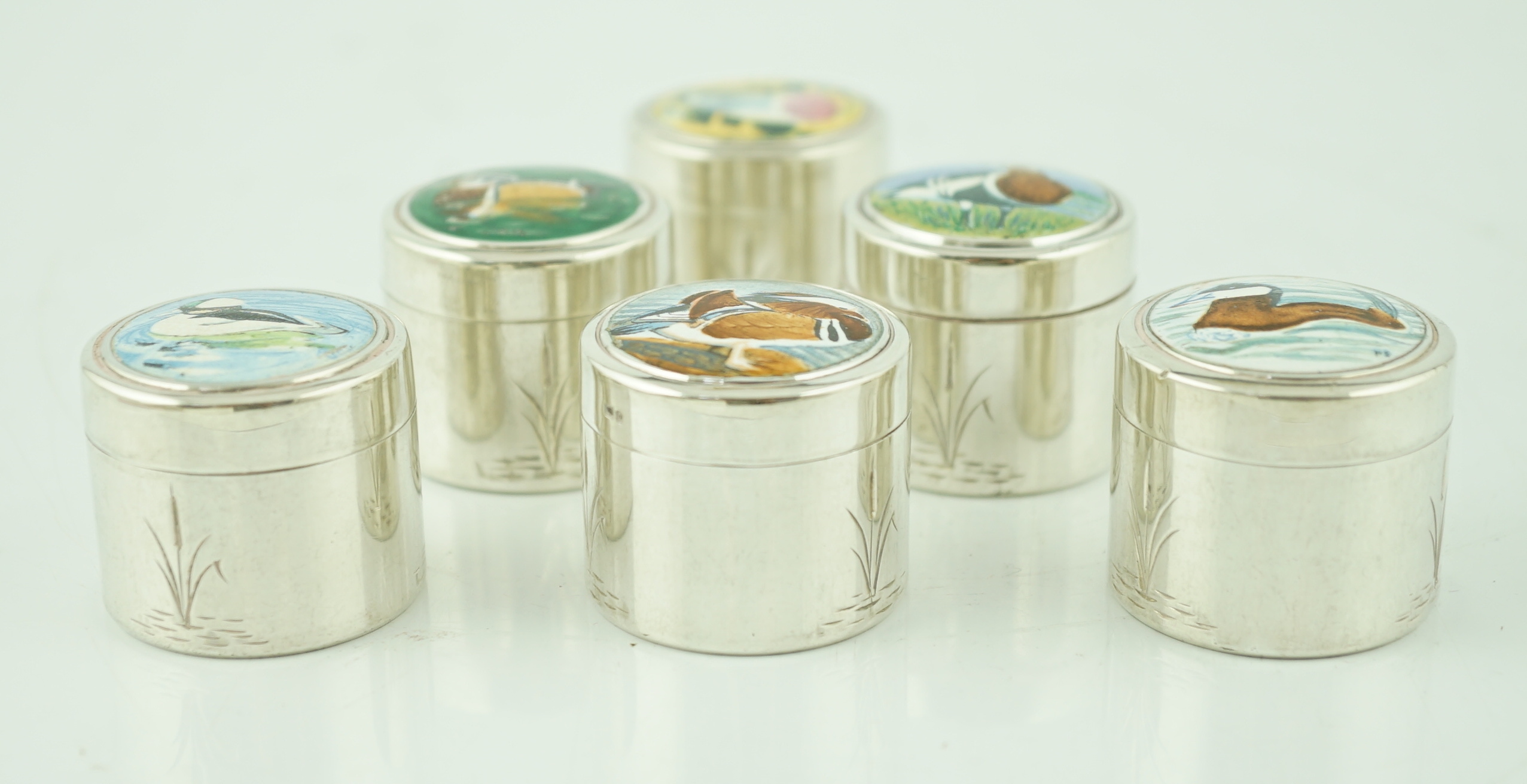 An Elizabeth II set of six limited edition Peter Scott Wildfowl Trust silver and enamel circular pill boxes and covers, by The St James House Company